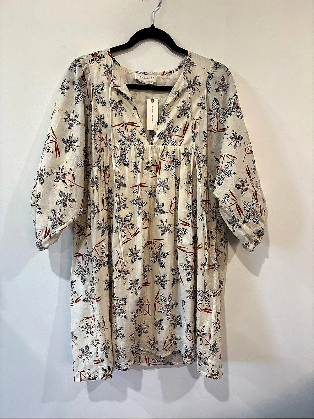 Caballero for Anthropologie Breezy Tunic Dress Floral Mini Cream & Black Medium